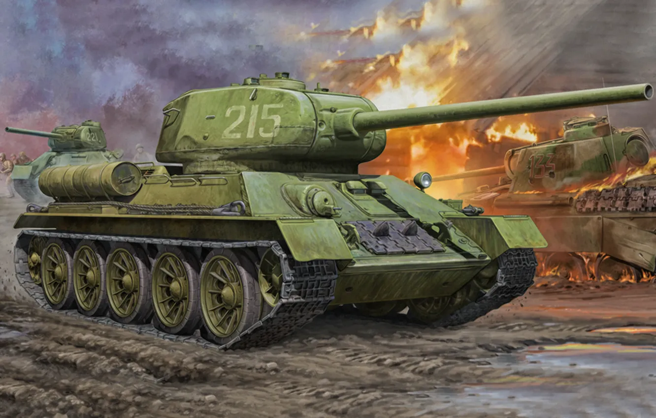 Photo wallpaper war, art, painting, ww2, T-34-85.tank