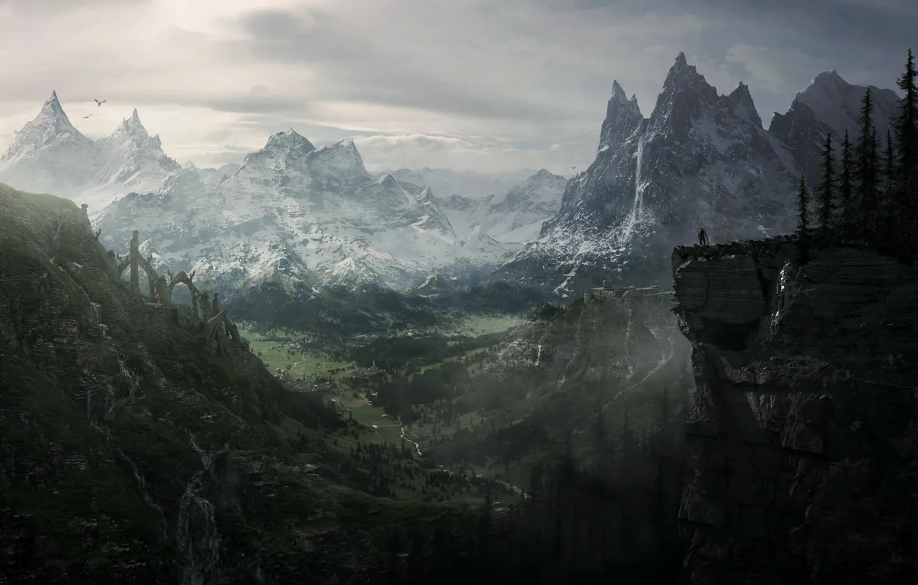 Photo wallpaper landscape, mountains, rocks, dragon, view, dragonborn, dragon, Skyrim