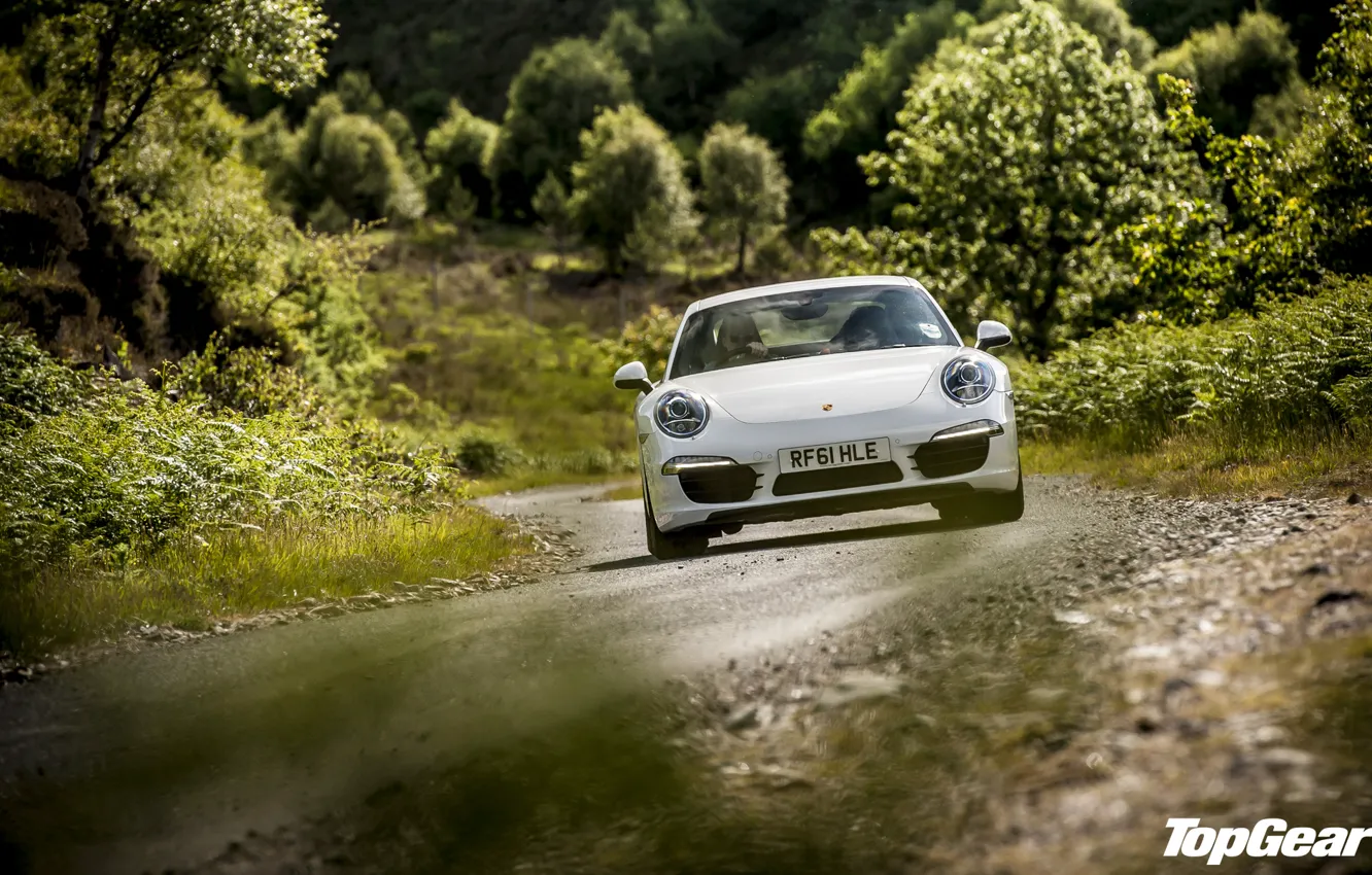 Photo wallpaper road, white, grass, trees, 911, Porsche, Top Gear, supercar