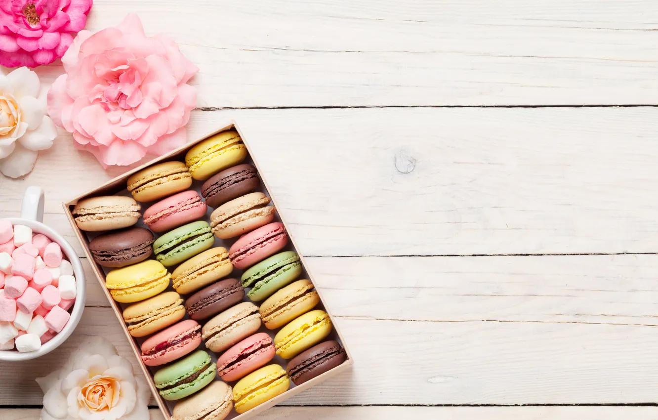 Photo wallpaper flowers, gift, colorful, wood, pink, flowers, macarons, gift box