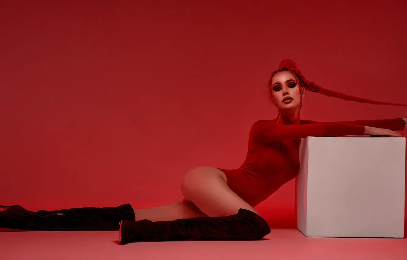 Photo wallpaper girl, pose, boots, makeup, figure, braid, cube, legs