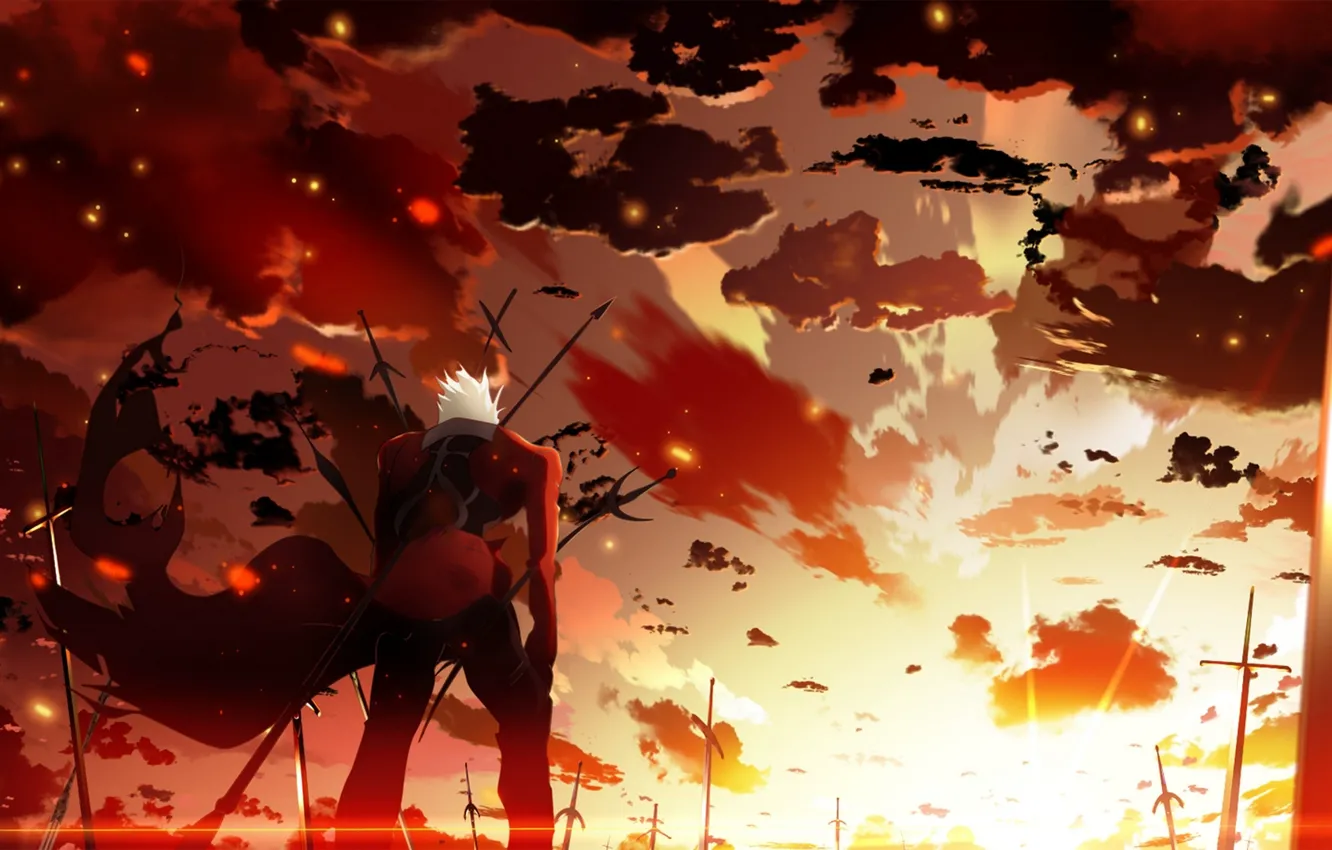 Photo wallpaper the sky, clouds, sunset, weapons, anime, art, guy, skyt2