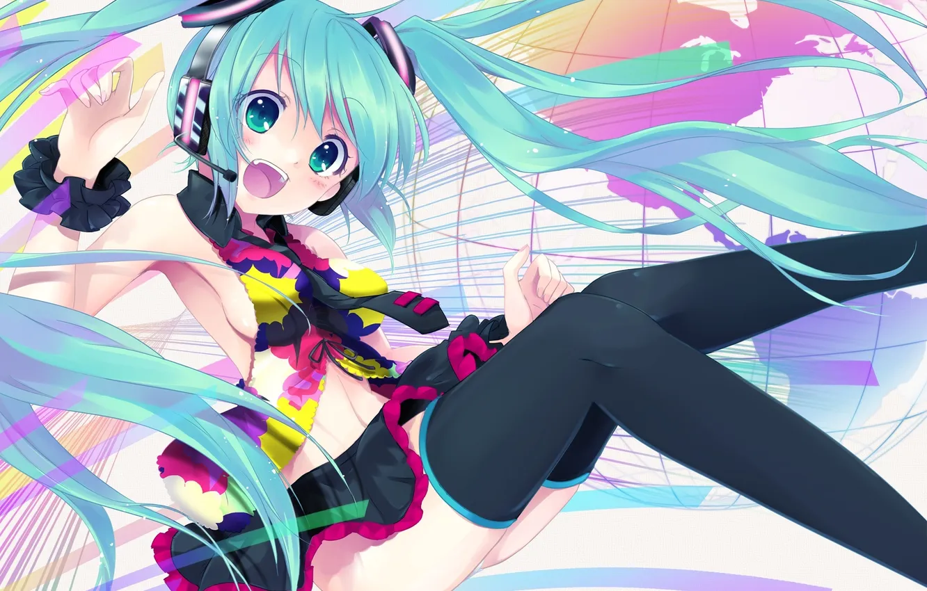 Photo wallpaper look, girl, joy, headphones, vocaloid, hatsune miku, Vocaloid, art