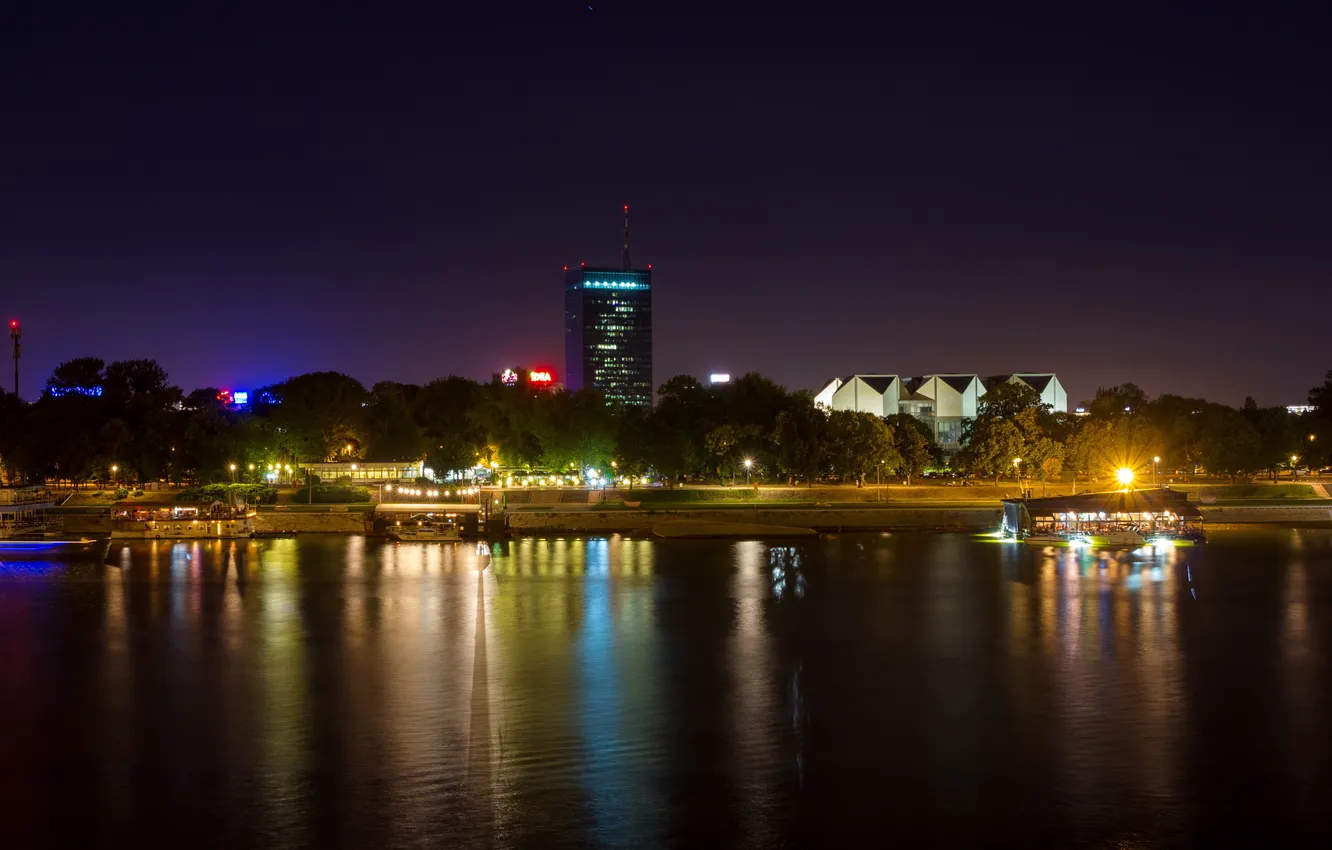 Photo wallpaper night, the city, river, photo, coast, Serbia, belgrade