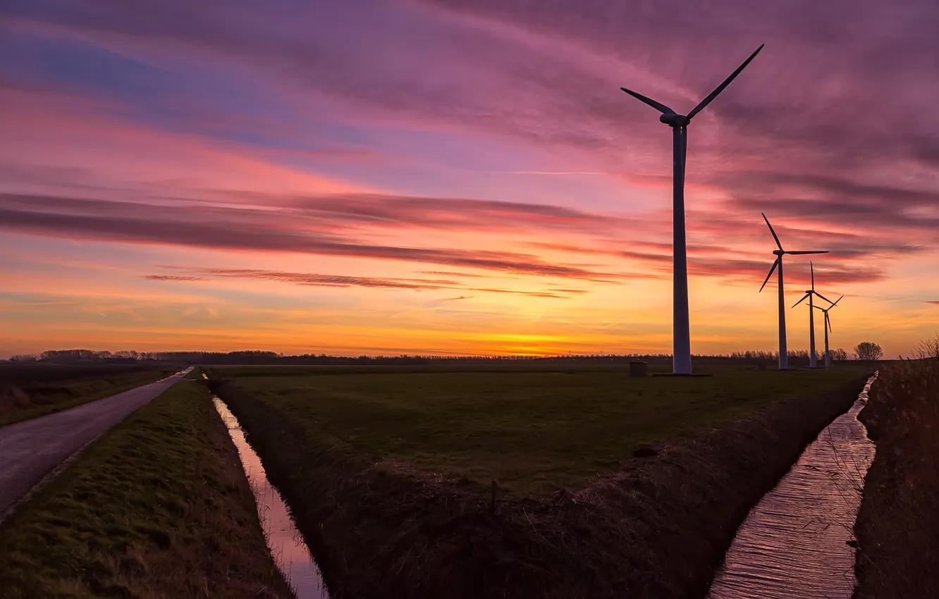 Photo wallpaper landscape, sunset, windmills