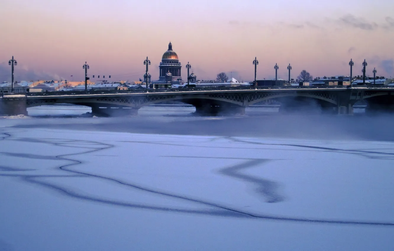 Photo wallpaper winter, bridge, the city, river, frost, Neva, the dome of St. Isaac's Cathedral
