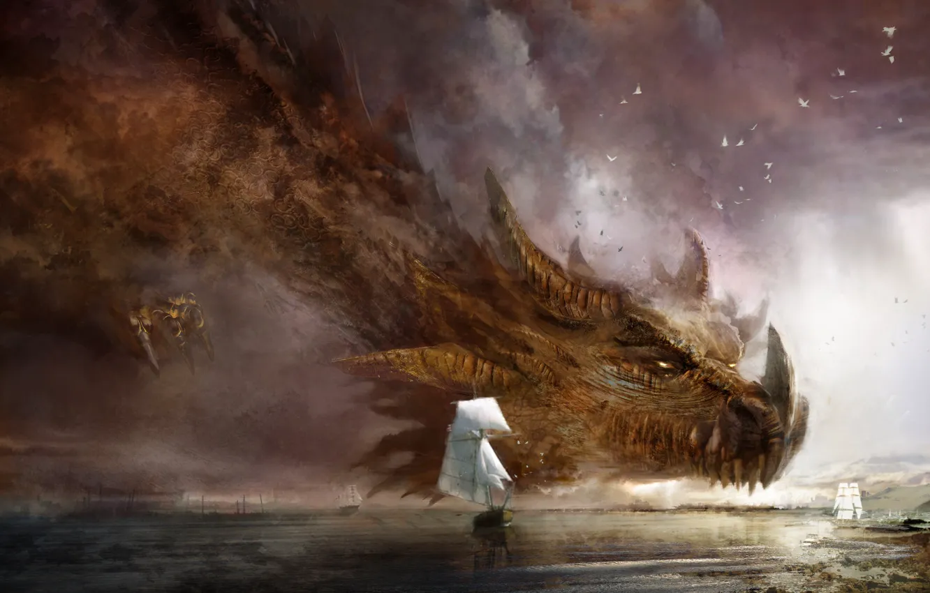 Photo wallpaper Sea, Dragon, Ships, Fantasy, Dragon, Art, Guild Wars 2, Fiction