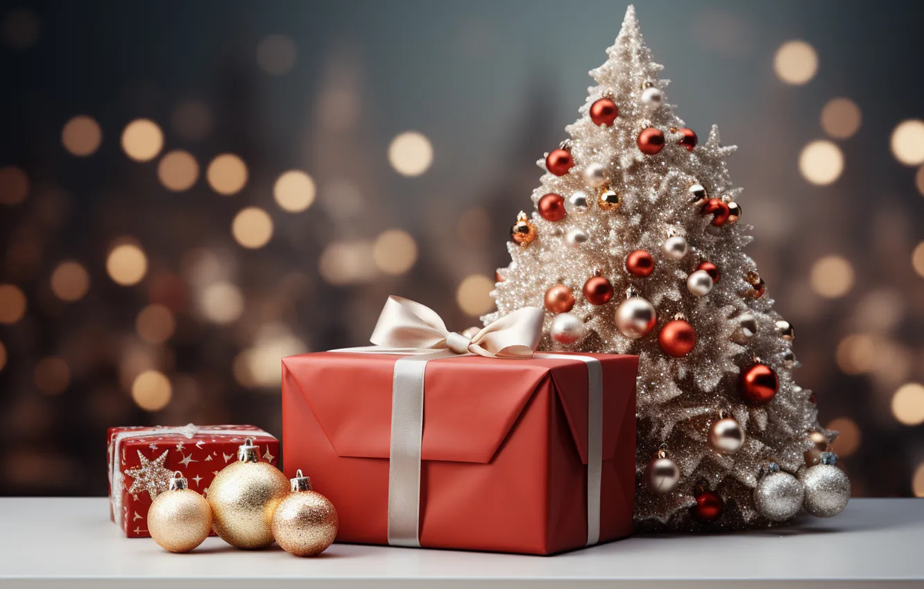 Photo wallpaper gift, tree, new year, Christmas, Christmas, tree, decoration, Gift Boxes