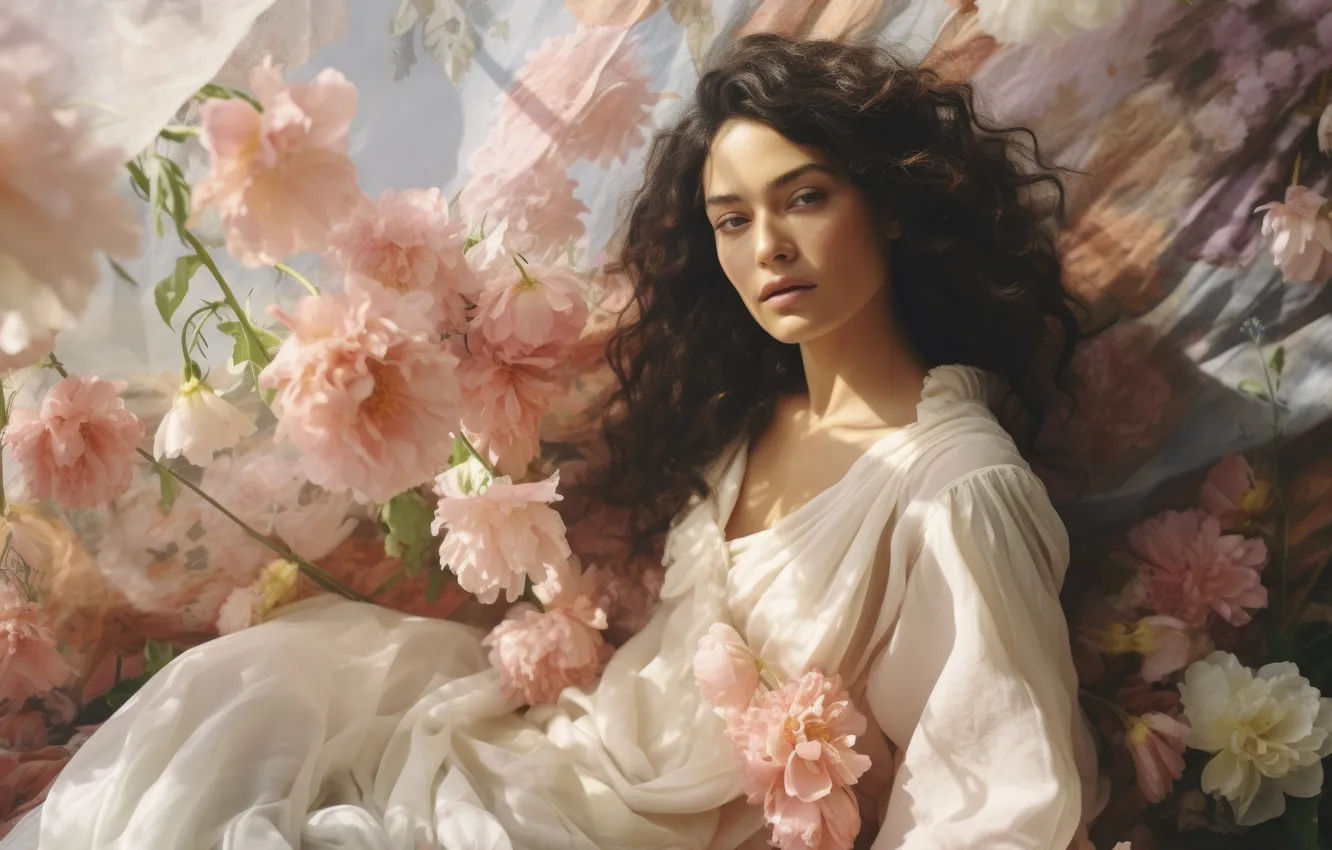 Photo wallpaper look, girl, flowers, hair, digital art, AI art, The Art of Artificial Intelligence, neural network