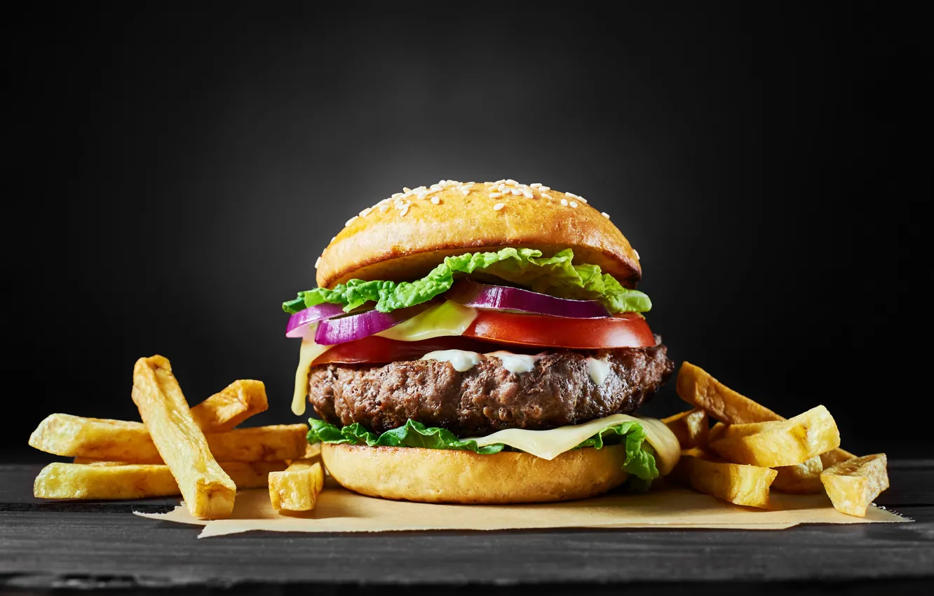 Photo wallpaper fast food, hamburger, french fries