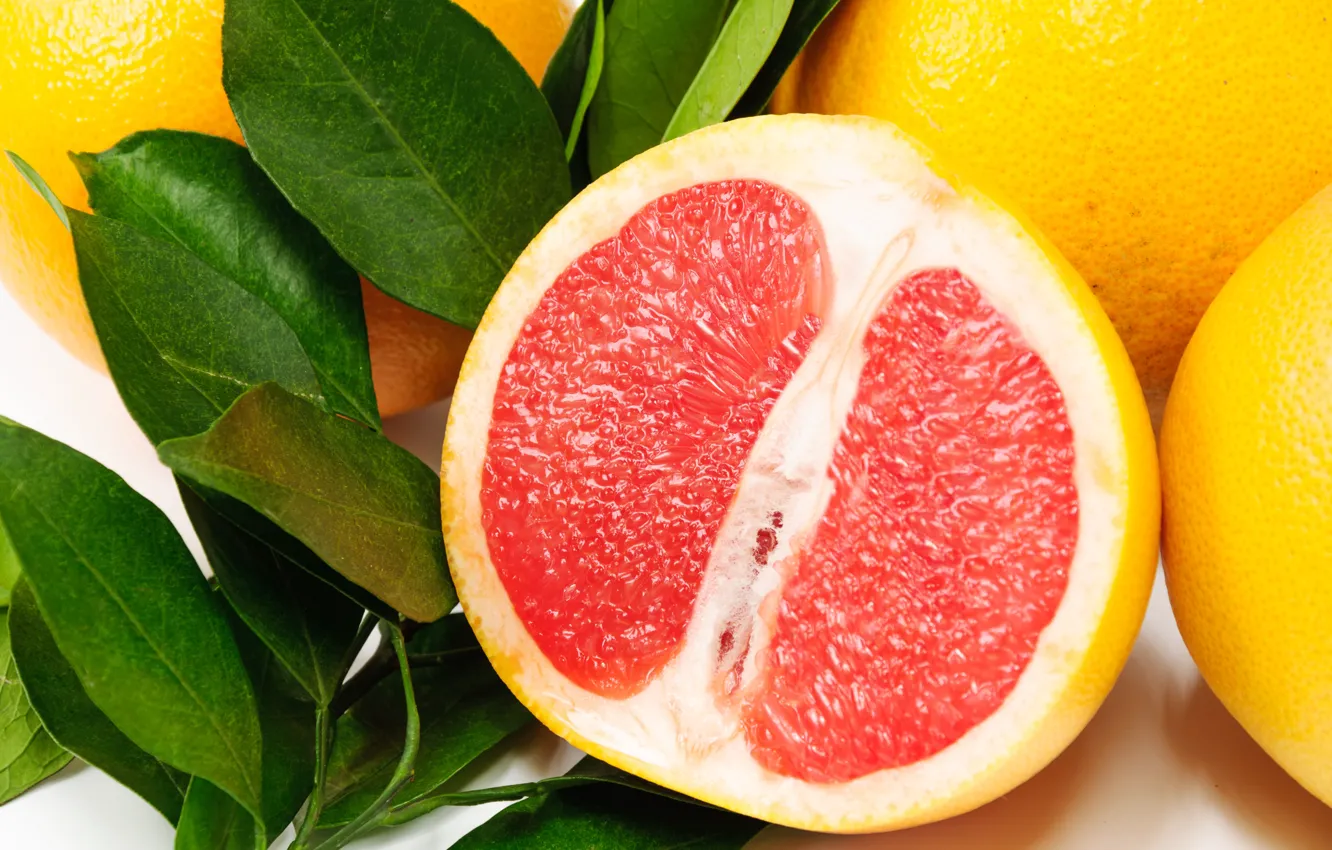 Photo wallpaper leaves, citrus, halves, grapefruit