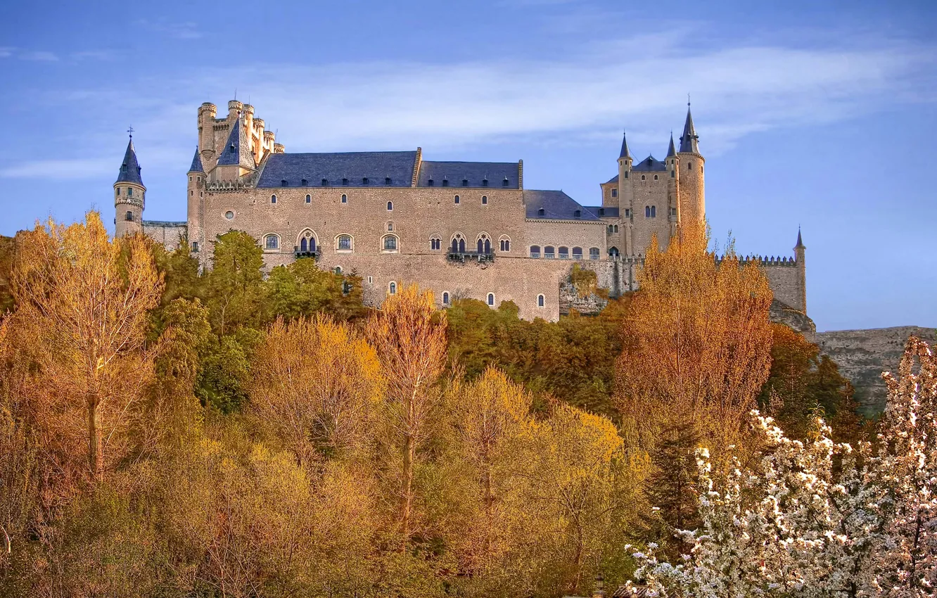 Photo wallpaper autumn, the sky, trees, fortress, Spain, Palace, Alcazar, Segovia