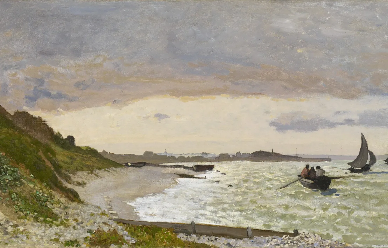 Photo wallpaper shore, boat, picture, seascape, Claude Monet, The coast at Sainte-Adresse