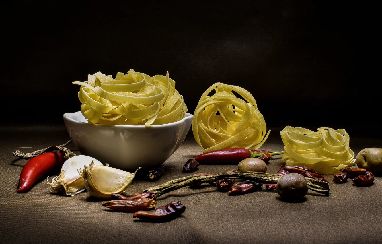 Photo wallpaper the dark background, table, pepper, bowl, still life, sharp, vegetables, olives