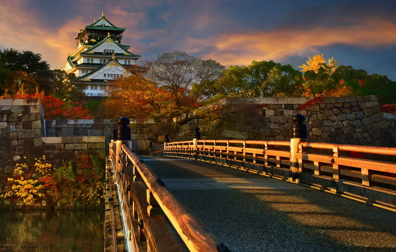 Photo wallpaper autumn, the sky, clouds, light, trees, landscape, bridge, nature