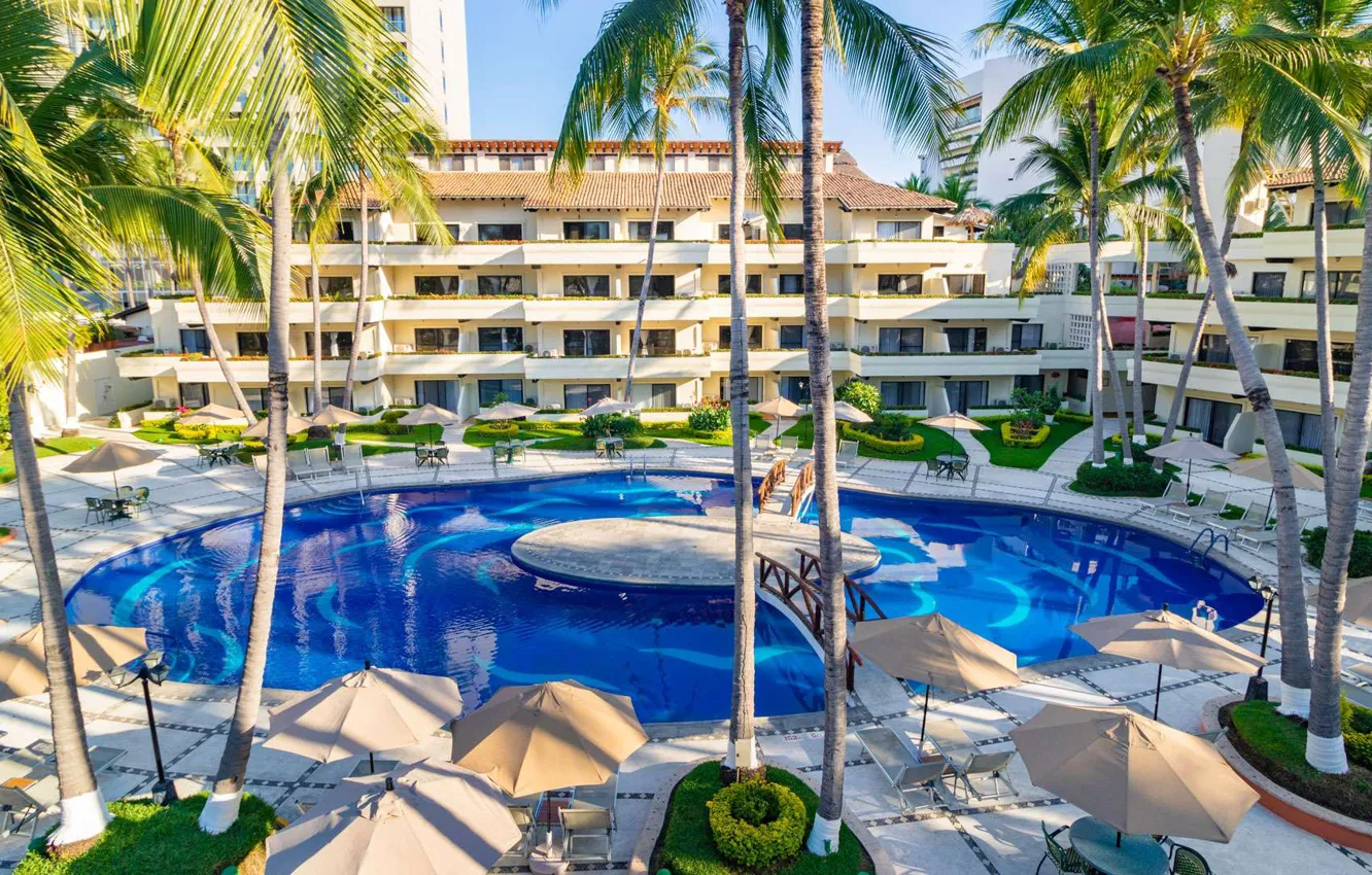 Photo wallpaper palm trees, umbrella, pool, Mexico, resort, Mexico, Puerto Vallarta, Jalisco