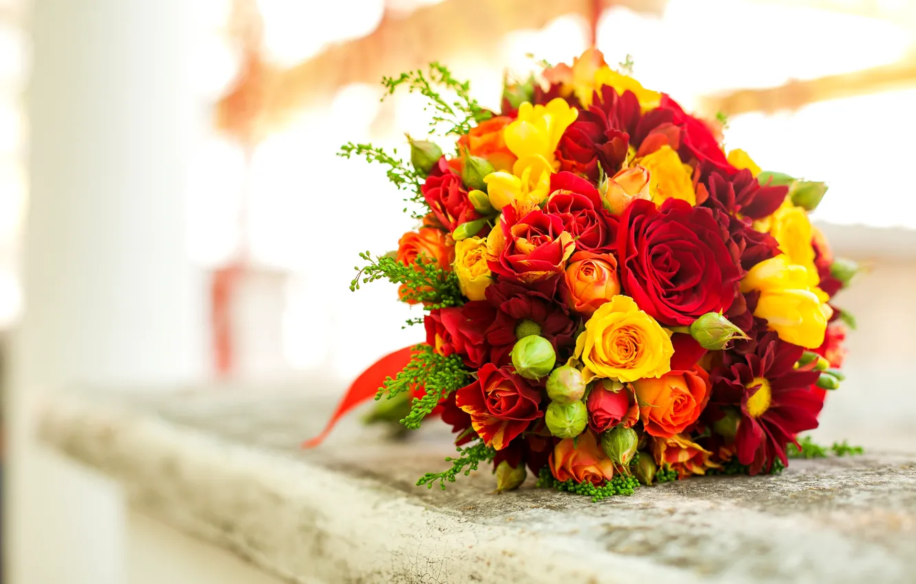 Photo wallpaper flowers, roses, bouquet, yellow, red, orange