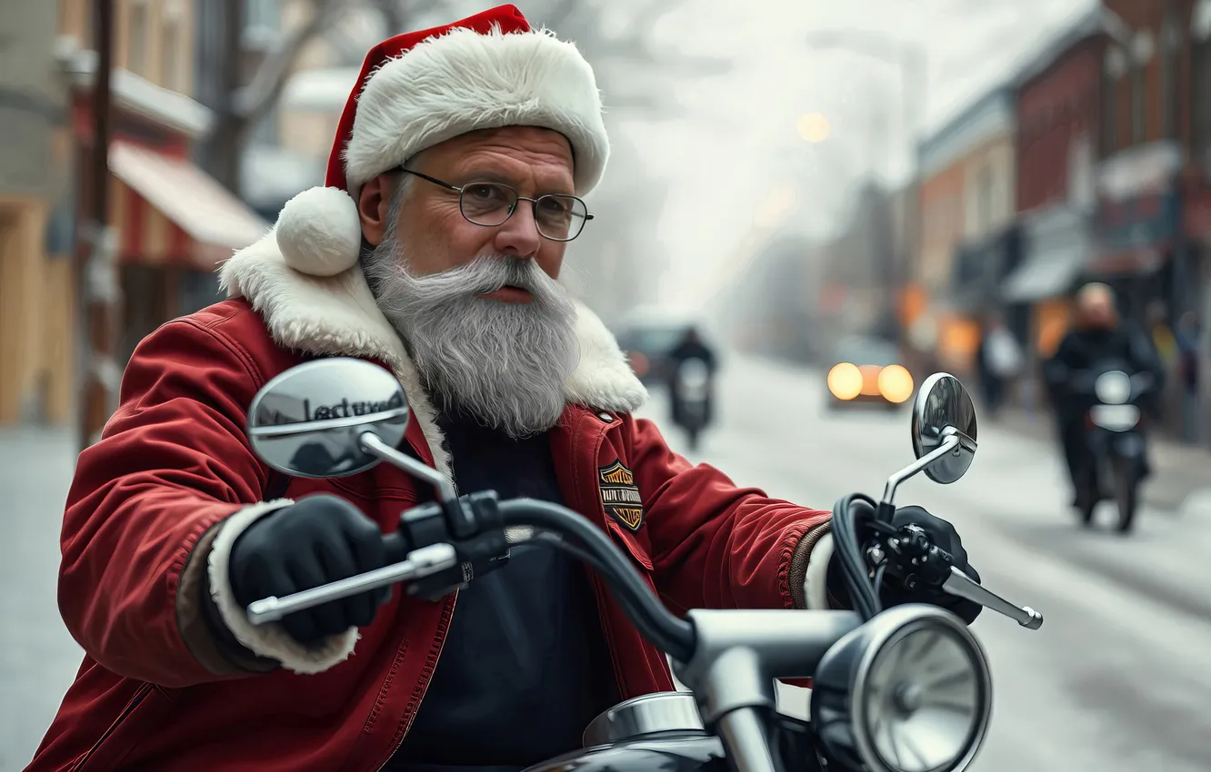 Photo wallpaper new year, Christmas, motorcycle, Santa Claus, neural network