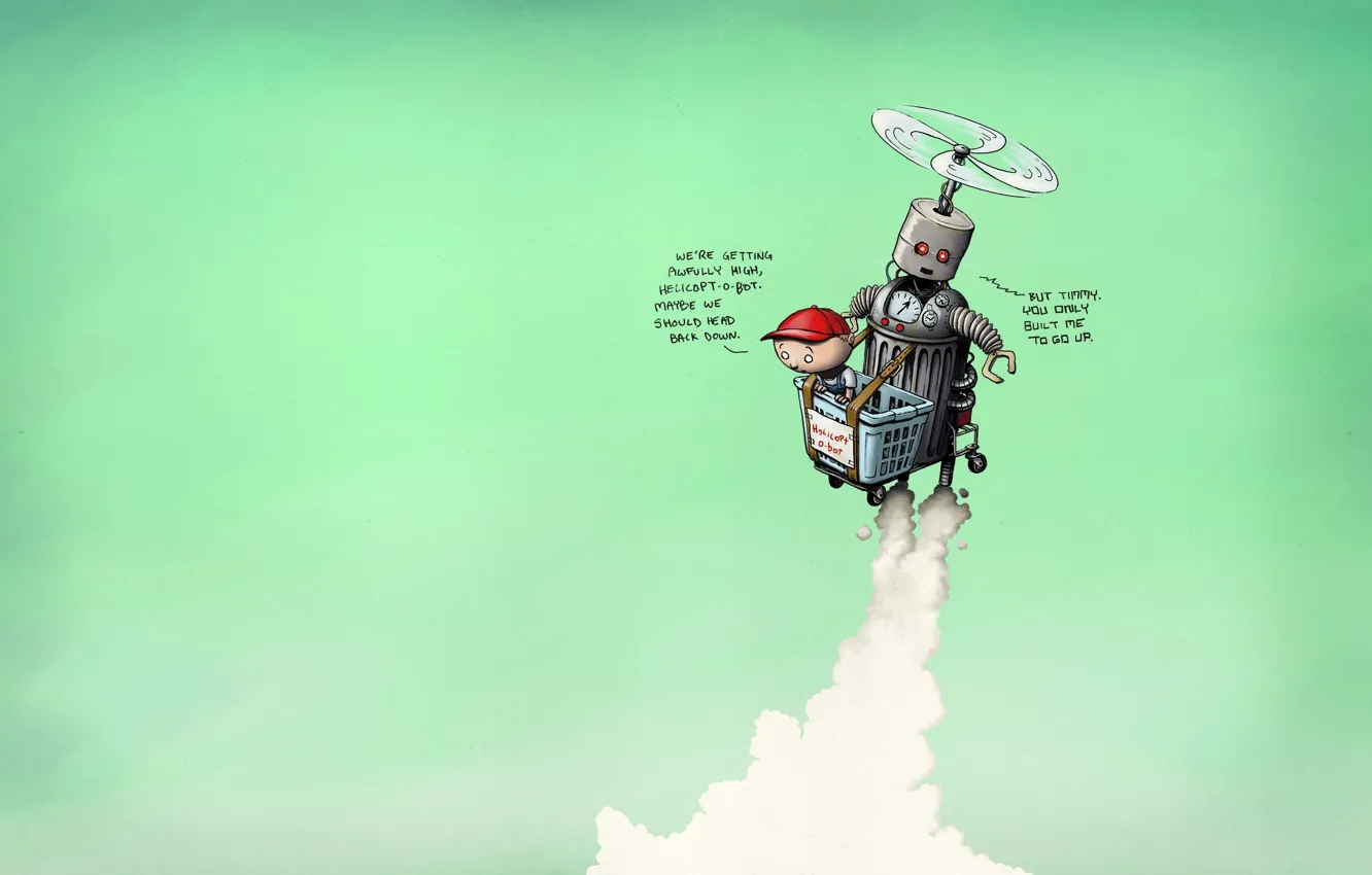 Photo wallpaper flight, basket, robot, the situation, humor, boy, helicopter, situations