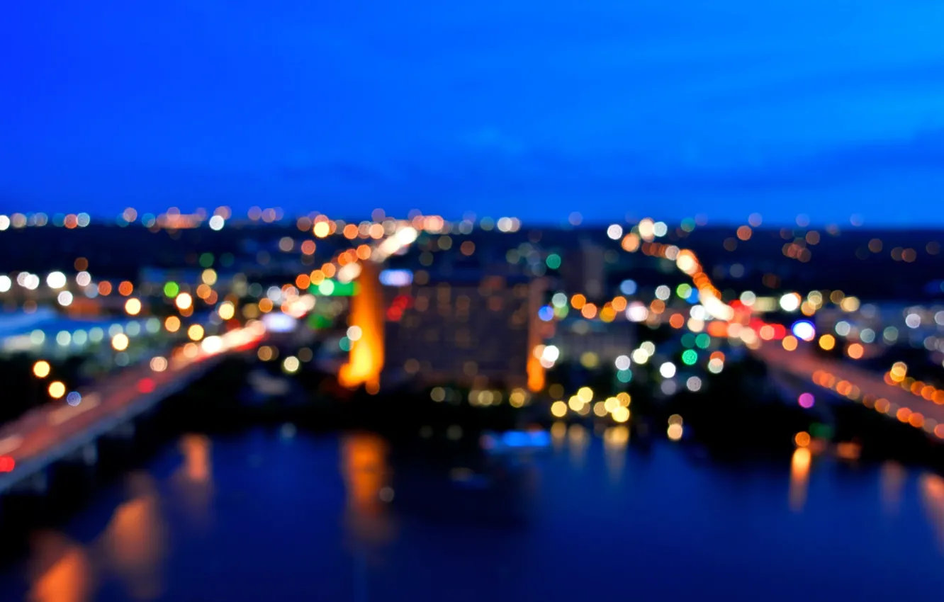 Photo wallpaper the city, lights, river, the evening, bokeh