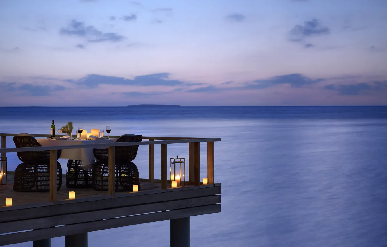 Photo wallpaper mood, the ocean, wine, the evening, candles, super, dinner