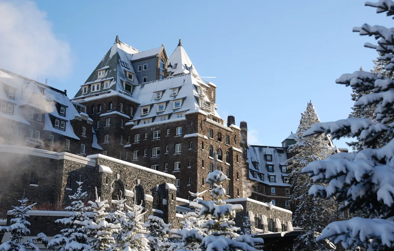 Photo wallpaper light, trees, mountains, the city, building, the evening, lighting, Canada