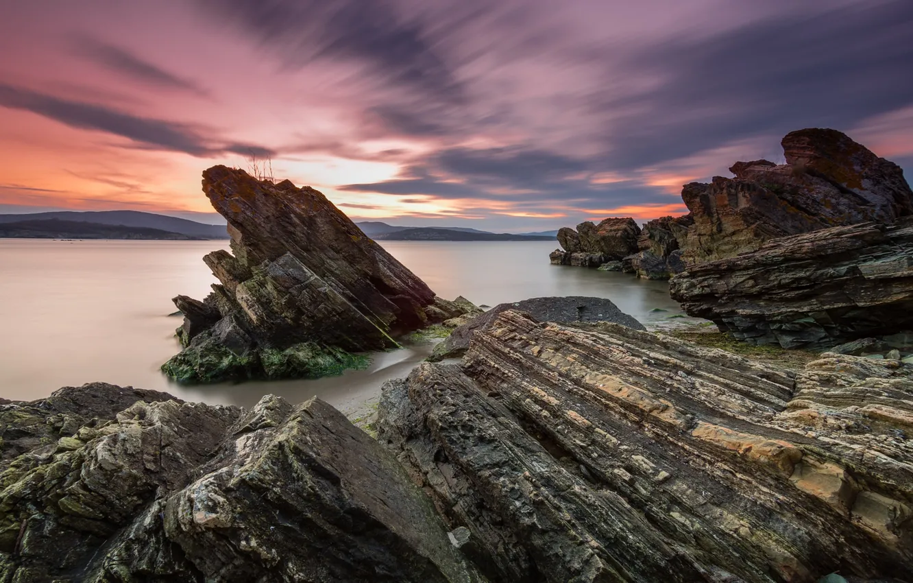 Photo wallpaper sea, sunset, rocks, Bulgaria, Black Sea