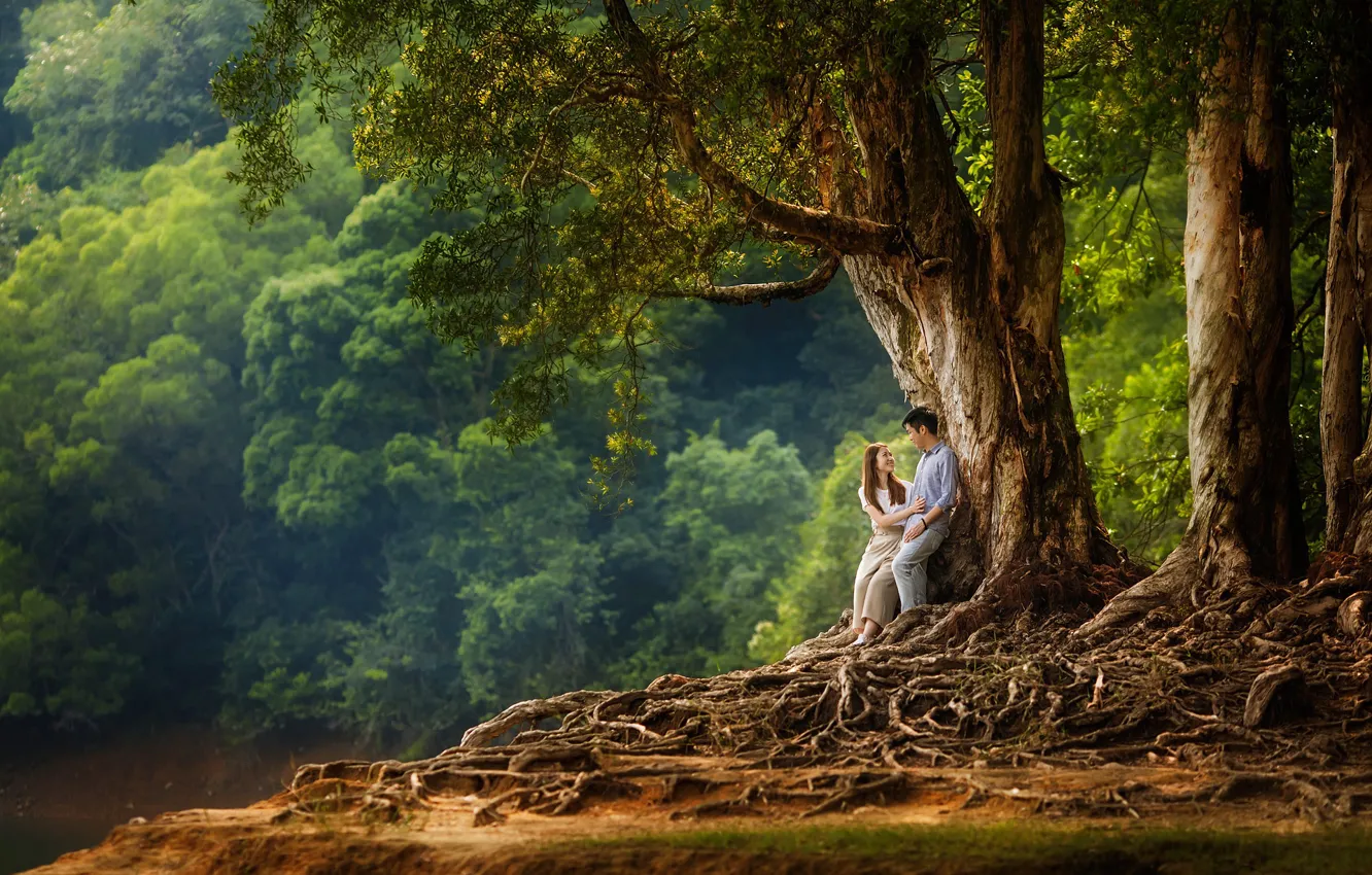Photo wallpaper summer, girl, trees, nature, pair, male, lovers, Evgeniya Ovsyannikova