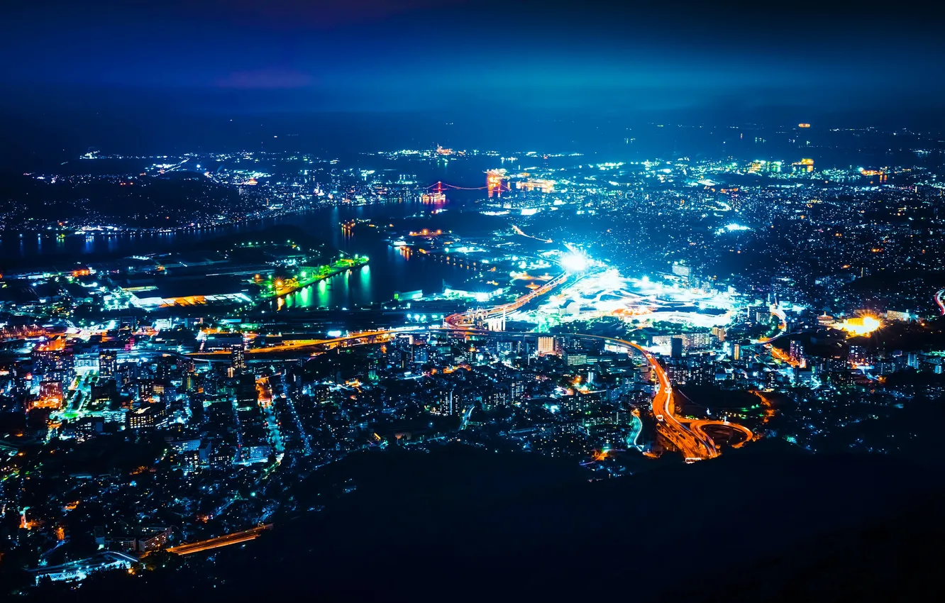 Photo wallpaper sea, night, lights, river, building, home, Japan, panorama