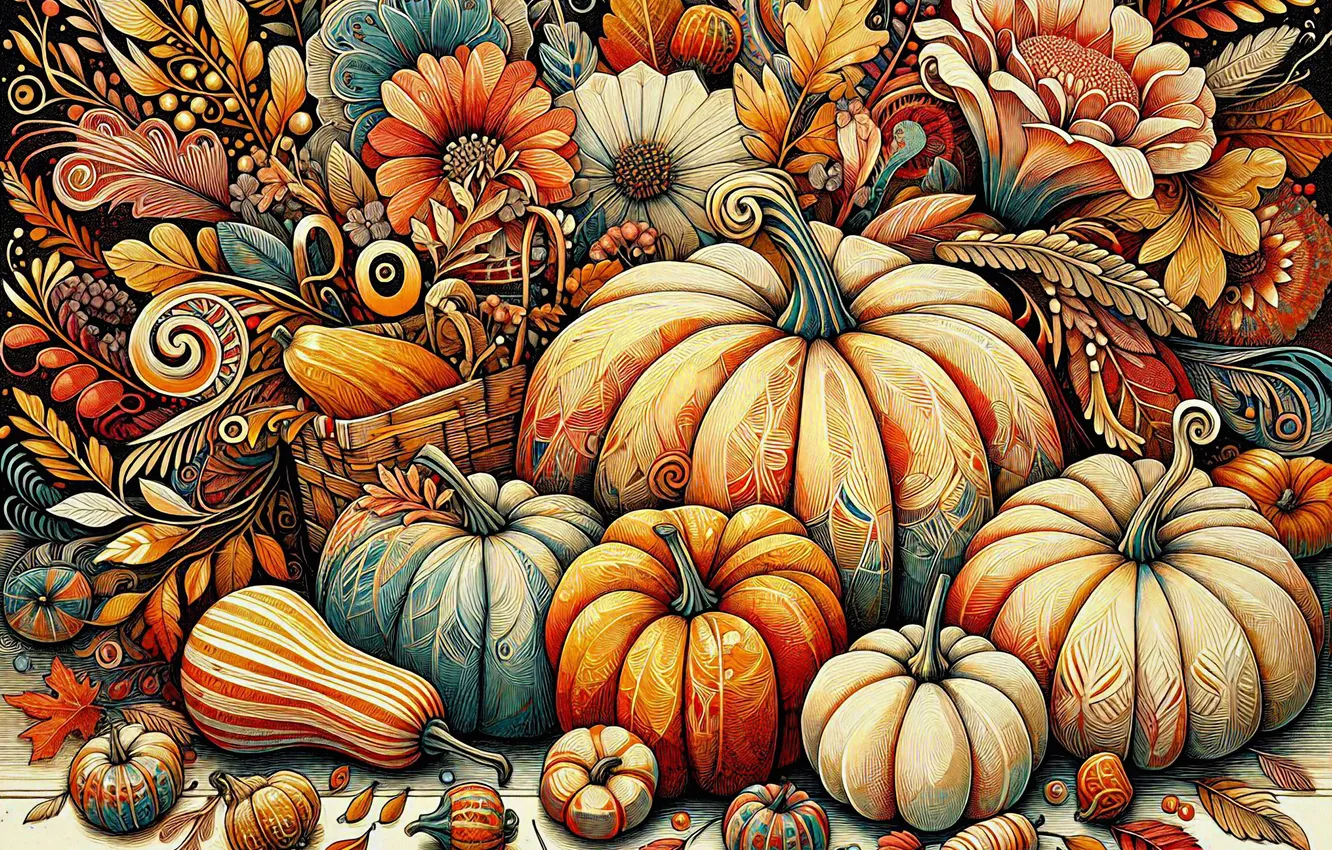Photo wallpaper autumn, flowers, pattern, styling, garden, harvest, pumpkin, ornament