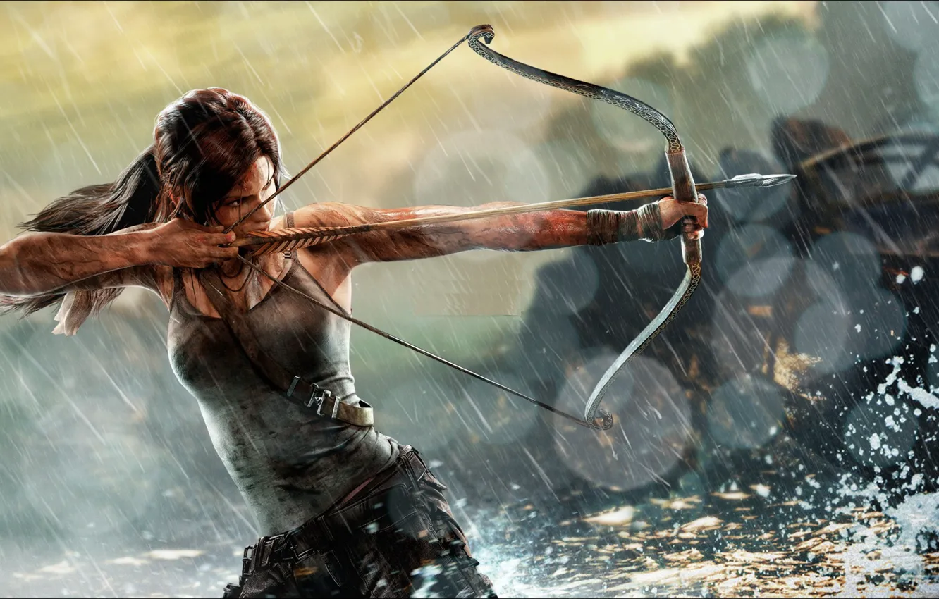 Photo wallpaper girl, rain, Mike, bow, art, Tomb Raider, equipment, Lara Croft