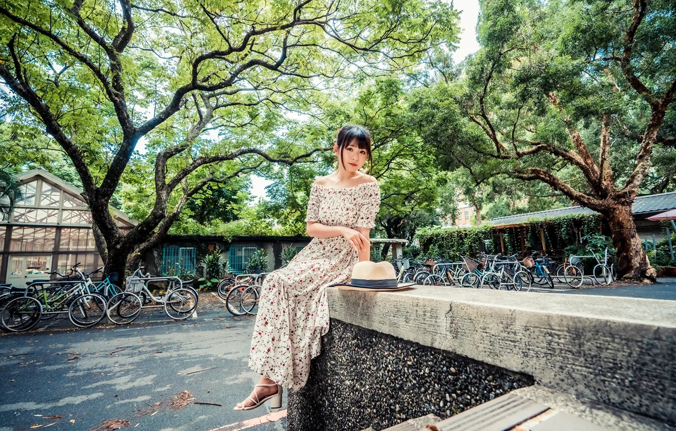 Photo wallpaper road, look, trees, bike, pose, model, portrait, hat