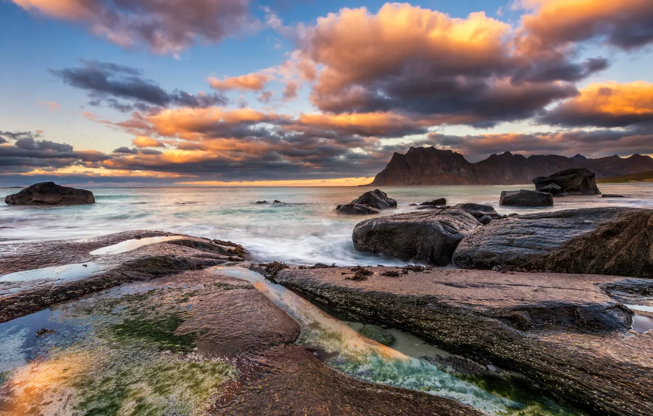Photo wallpaper sea, the sky, clouds, landscape, mountains, clouds, nature, stones