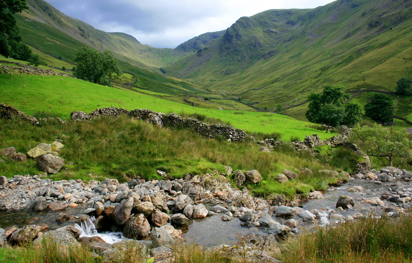 Photo wallpaper the sky, grass, mountains, river, stones