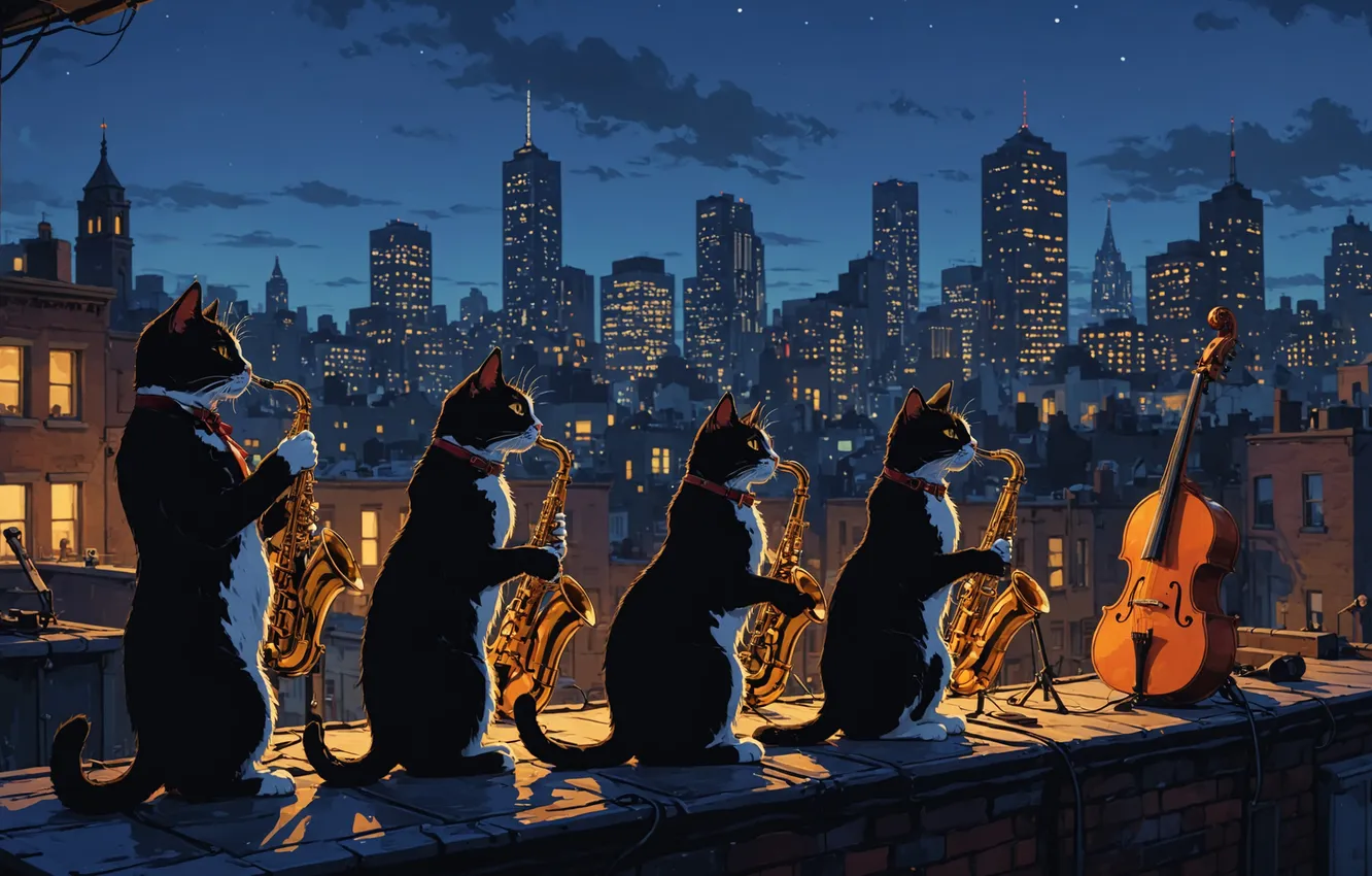 Photo wallpaper cat, night, the city, music