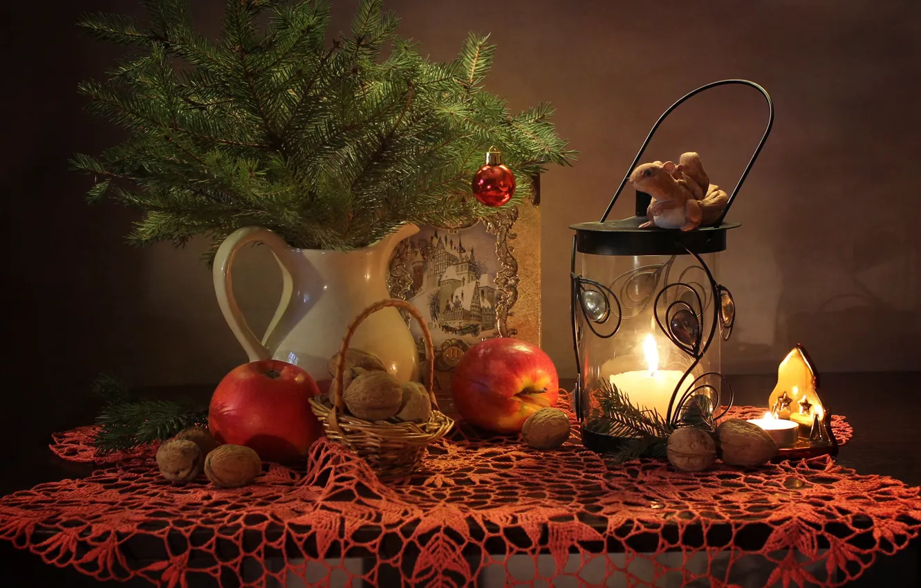 Photo wallpaper table, fire, holiday, apples, candles, Christmas, New year, vase