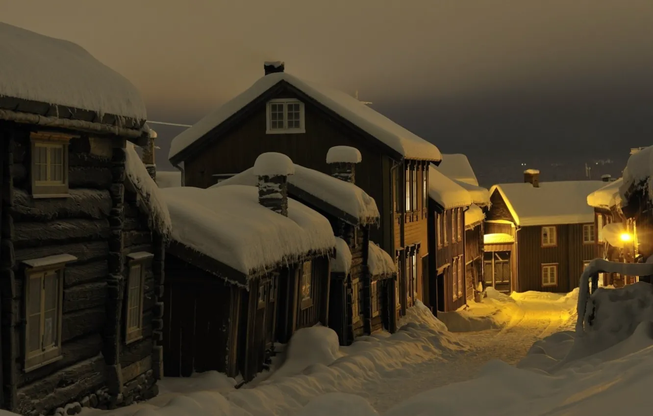 Photo wallpaper winter, snow, night, village, Norway, the snow, cozy, Røros