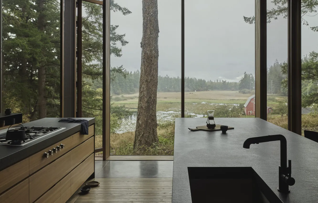 Photo wallpaper design, style, room, interior, kitchen, Washington, Modern farm near Seattle, Panoramic windows