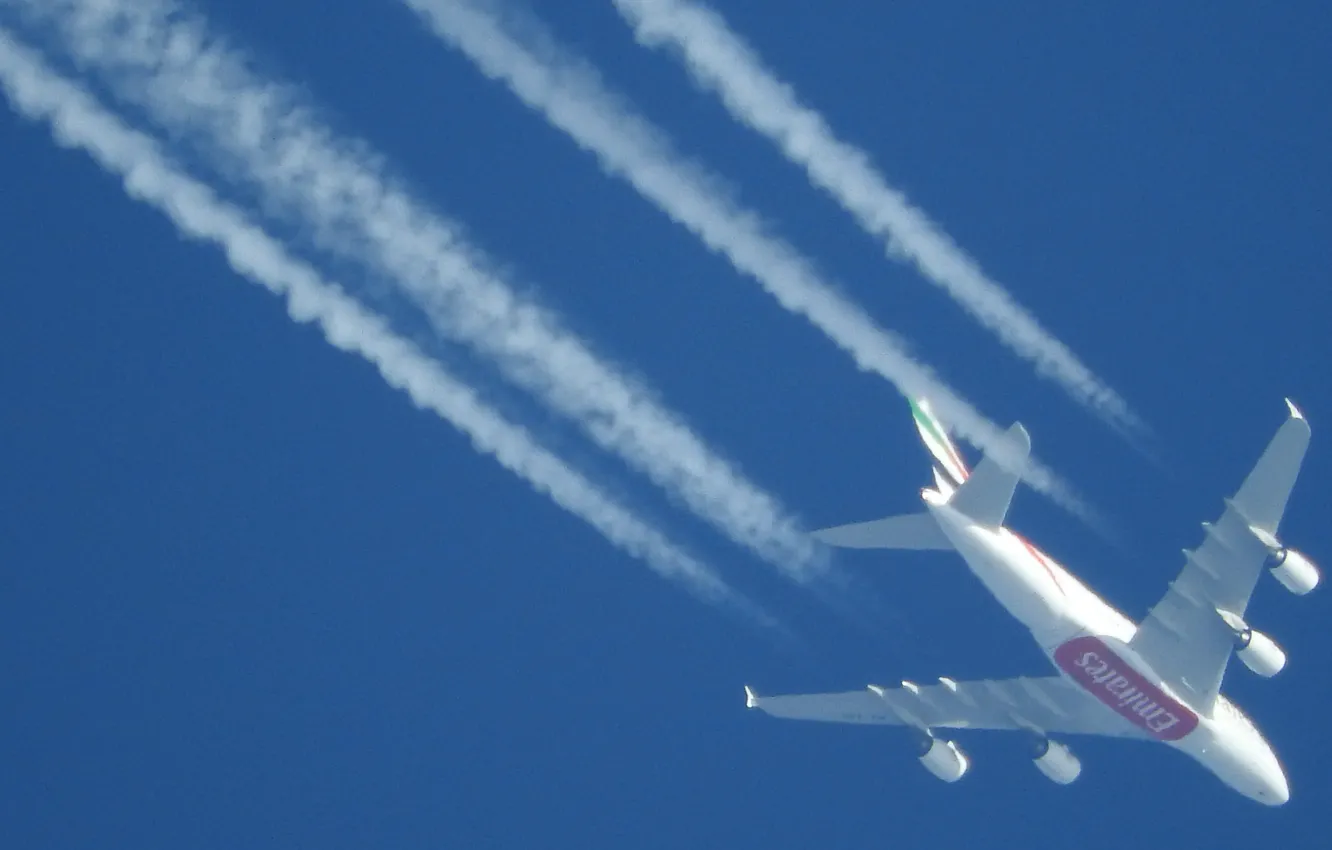 Photo wallpaper the sky, the plane, blue, A380, Airbus, Emirates Airline