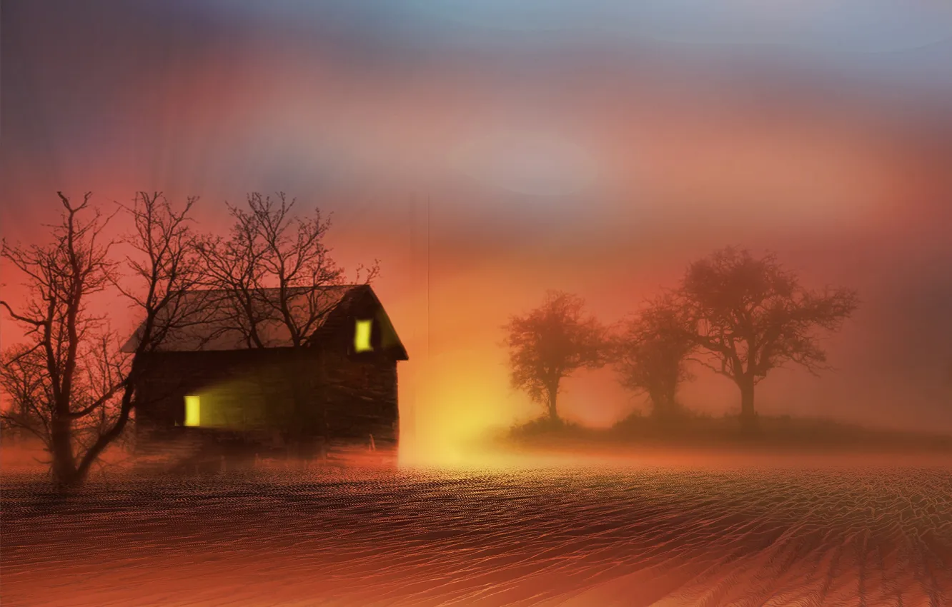 Photo wallpaper night, fog, house
