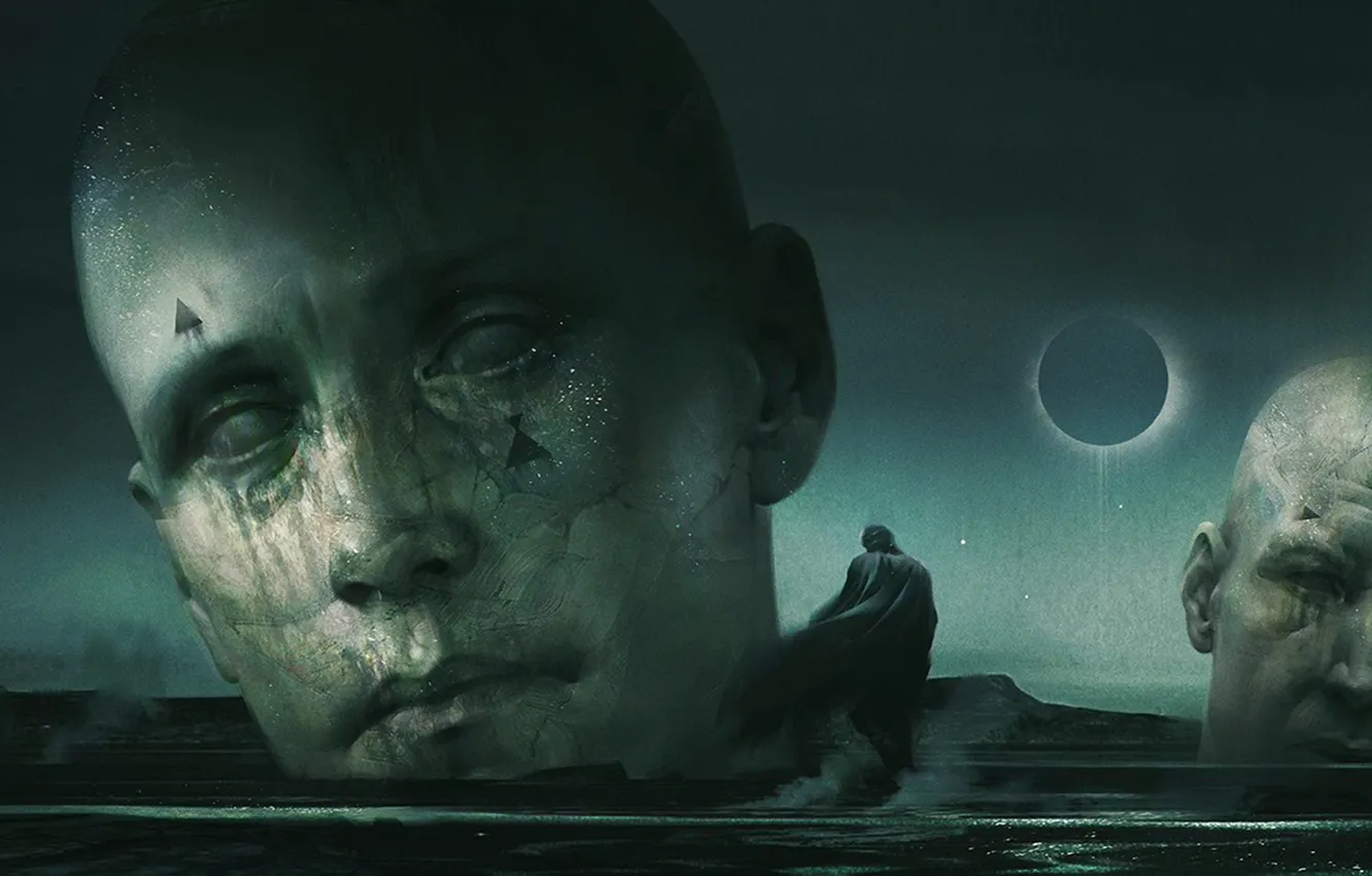 Photo wallpaper the sky, night, fiction, people, head, hood, Eclipse, statue