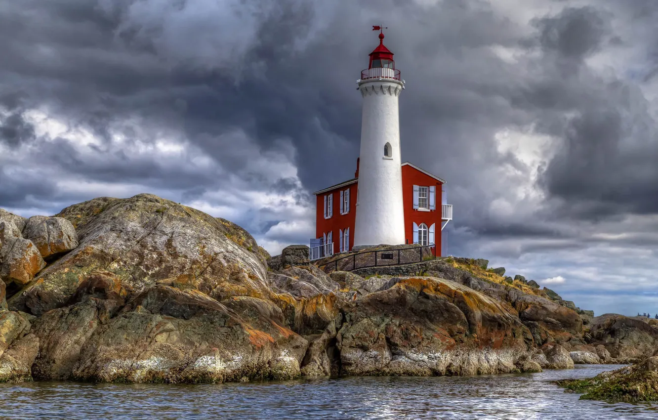 Photo wallpaper sea, rocks, lighthouse, Canada, British Columbia, Colwood