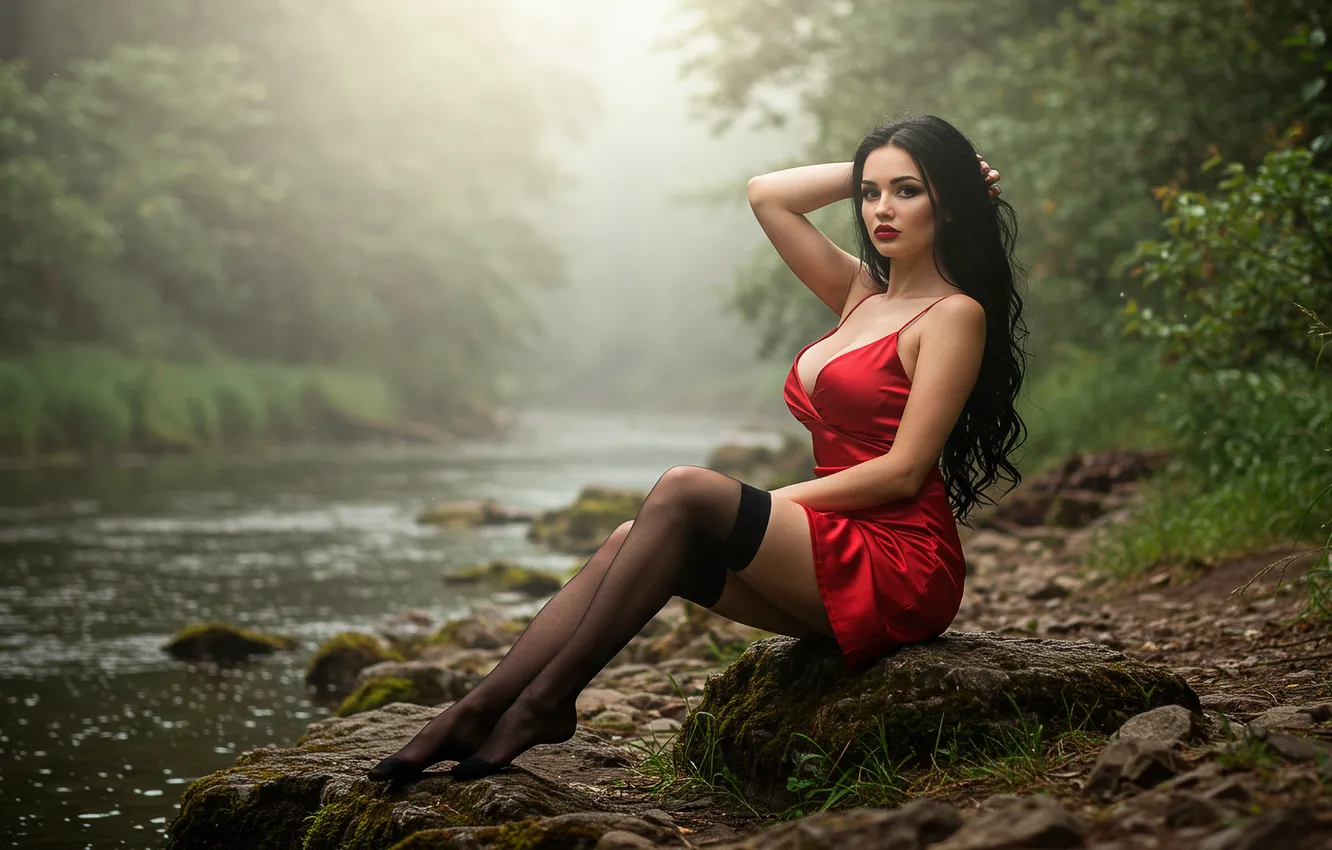 Photo wallpaper girl, river, shore, dress, art, wallpaper, girl, sitting
