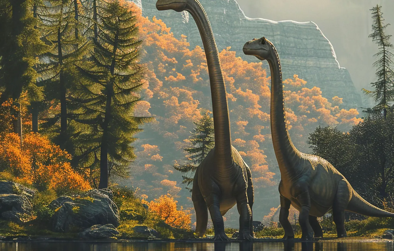 Photo wallpaper water, trees, mountains, river, animal, dinosaur, two, digital art