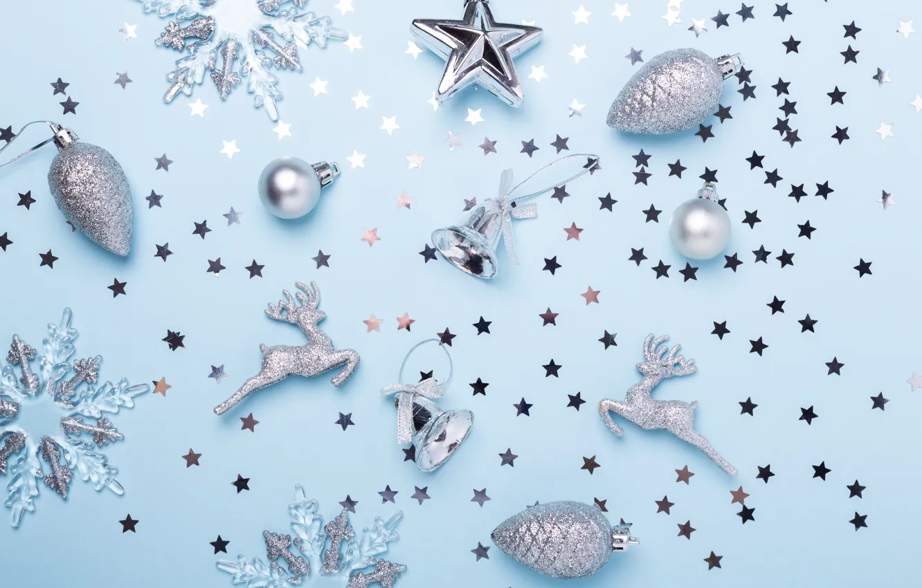 Photo wallpaper background, blue, toys, new year, Silver, Deer, Snowflake, Shine