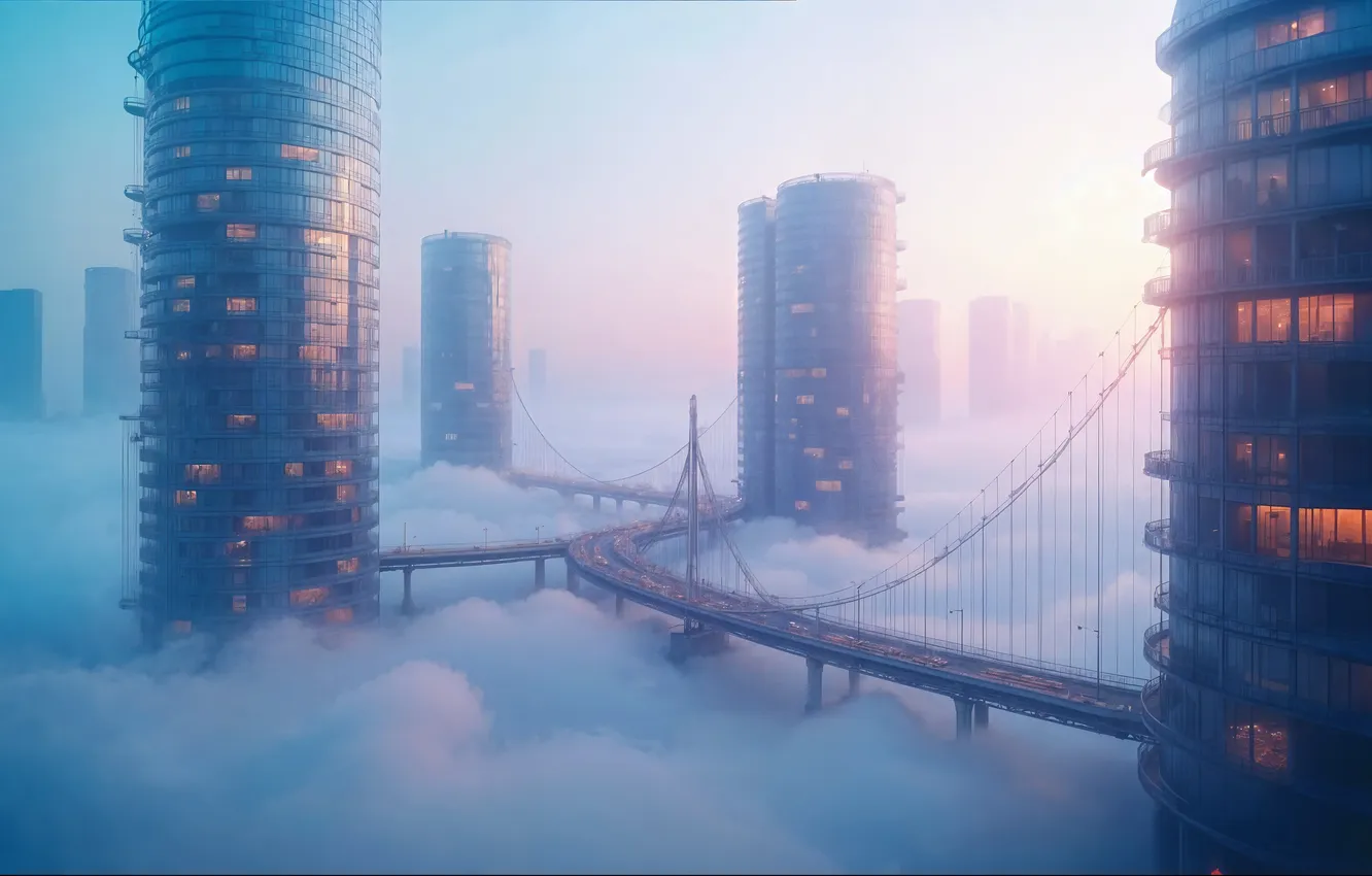 Photo wallpaper the sky, the sun, light, bridge, the city, fog, dawn, view