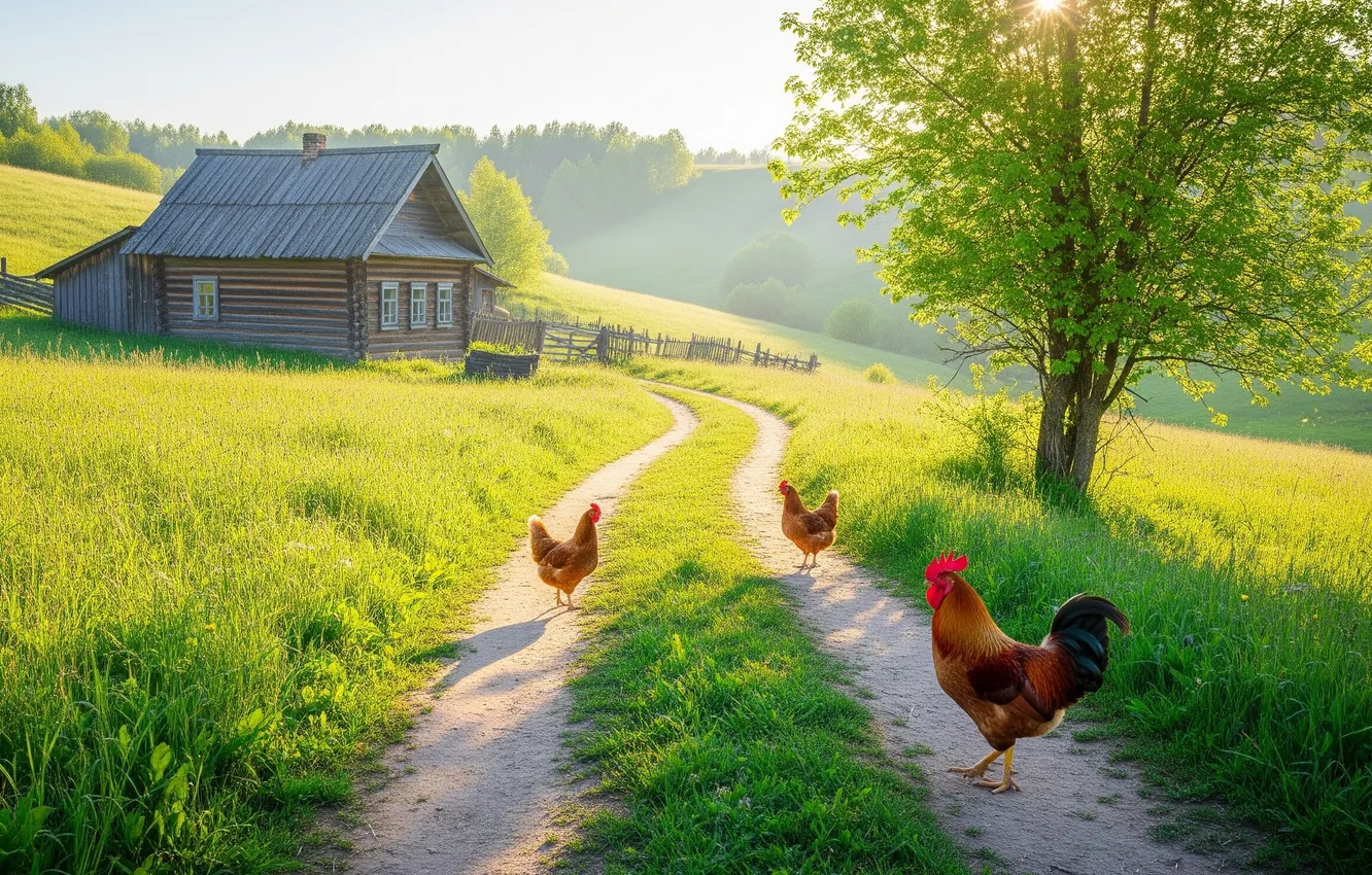 Photo wallpaper road, summer, the sky, the sun, trees, hills, Wallpaper, art