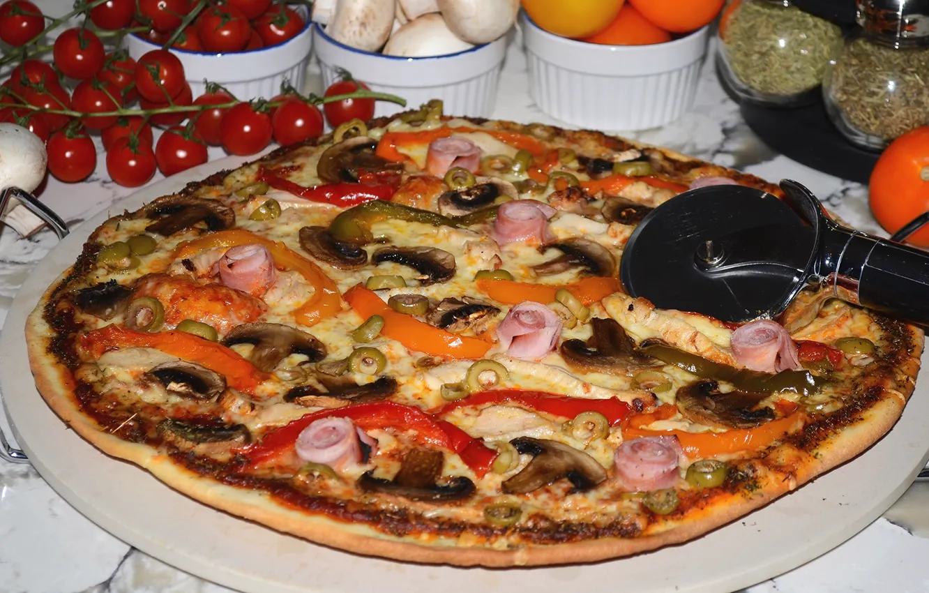 Photo wallpaper mushrooms, cheese, pepper, pizza, tomatoes, ham