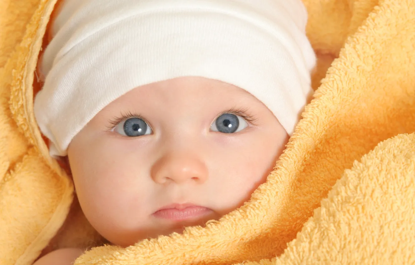 Photo wallpaper white, eyes, yellow, children, blue, towel, boy, baby