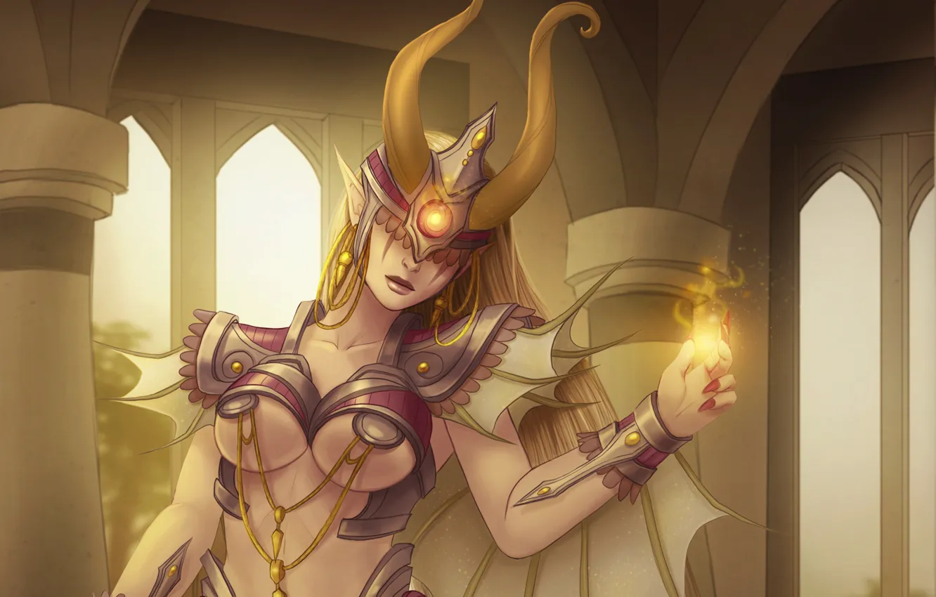 Photo wallpaper chest, girl, art, horns, vampire, succubus